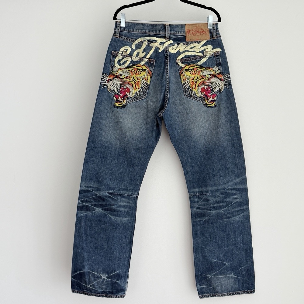 Vintage Ed Hardy Jeans Men 32x32 Double Tiger Embroidered Y2K Baggy Whisker Bike